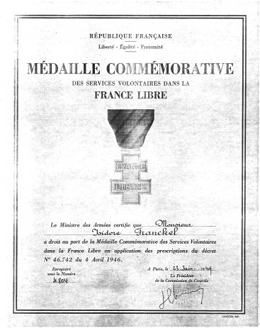 Certificate for Médaille Commémorative des Services Volontaires dans la France Libre